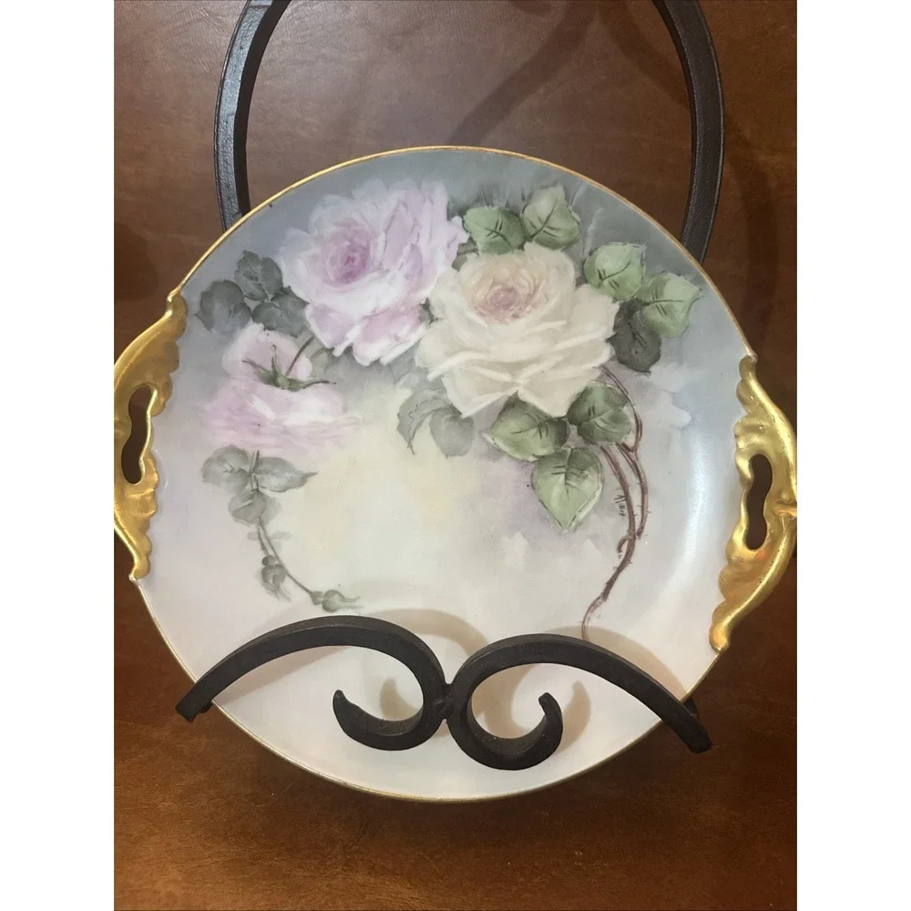 Antique Pink Roses Hand Painted 9-1/2 Plate with Gold Handles